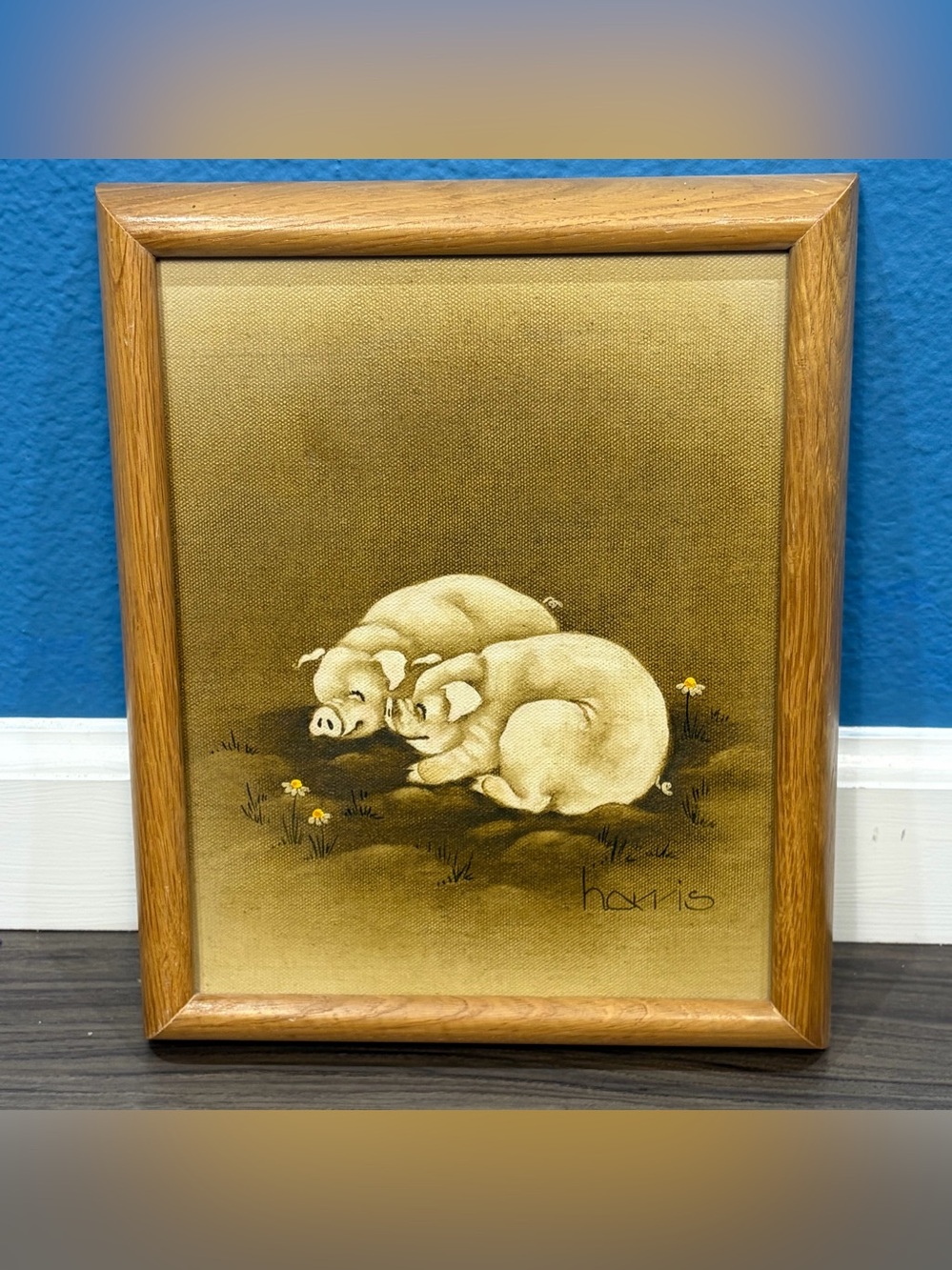 Vintage Harris Signed Wood Framed Canvas Pigs Cuddling In Mud Painting Small